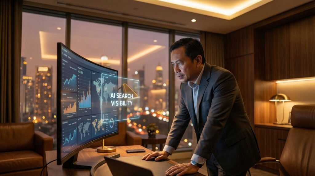 Ilustrasi realistis struktur arsitektur website modern dengan visual antarmuka digital dan elemen AI dalam suasana profesional Indonesia.